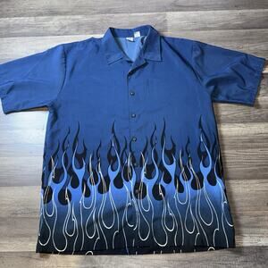 Anchor Blue Y2K Flame Button Up Shirt Men’s XL Blue Tribal Graphic 90s Vintage